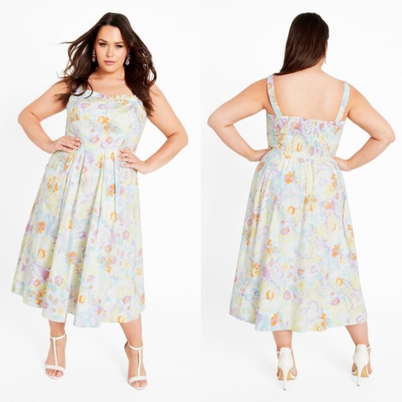 City Chic Dresses & Skirts - NWT City Chic White Floral Sweetheart Pleat Front Midi Dress 24